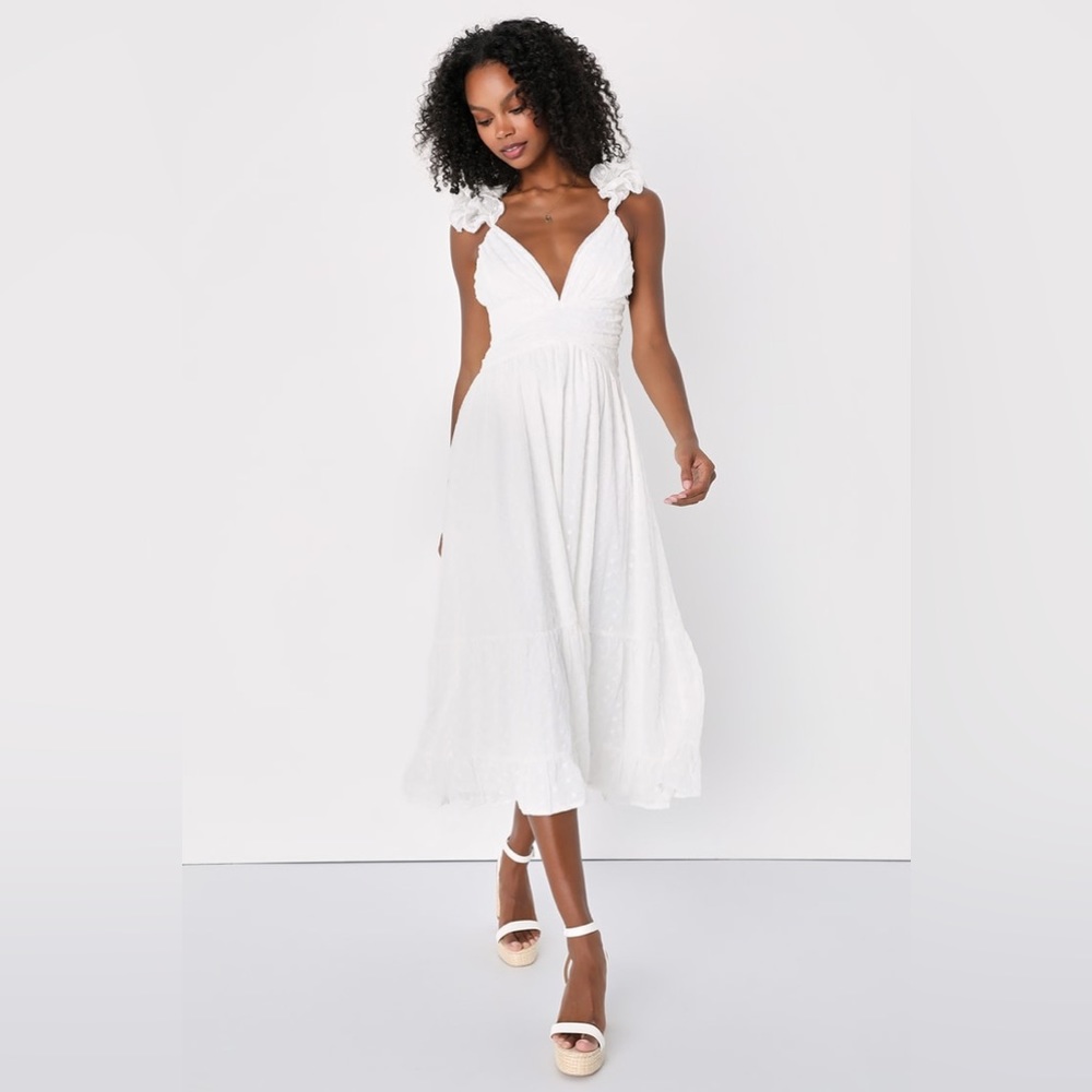 Lulus Dreamy Favorite White Eyelet Embroidered Ruffled Lace-Up Dress Size XS NWT